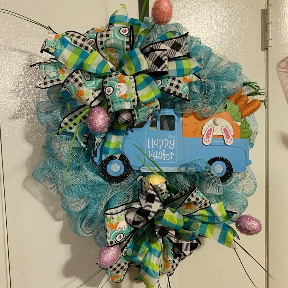 Easter Wreath with Blue Truck and Bunny Accents